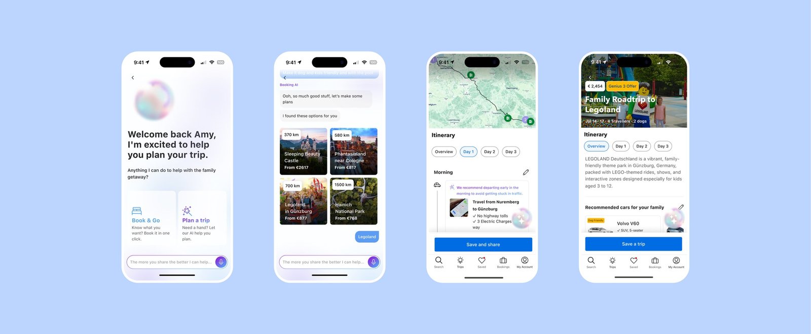 Booking.com AI trip planner screens