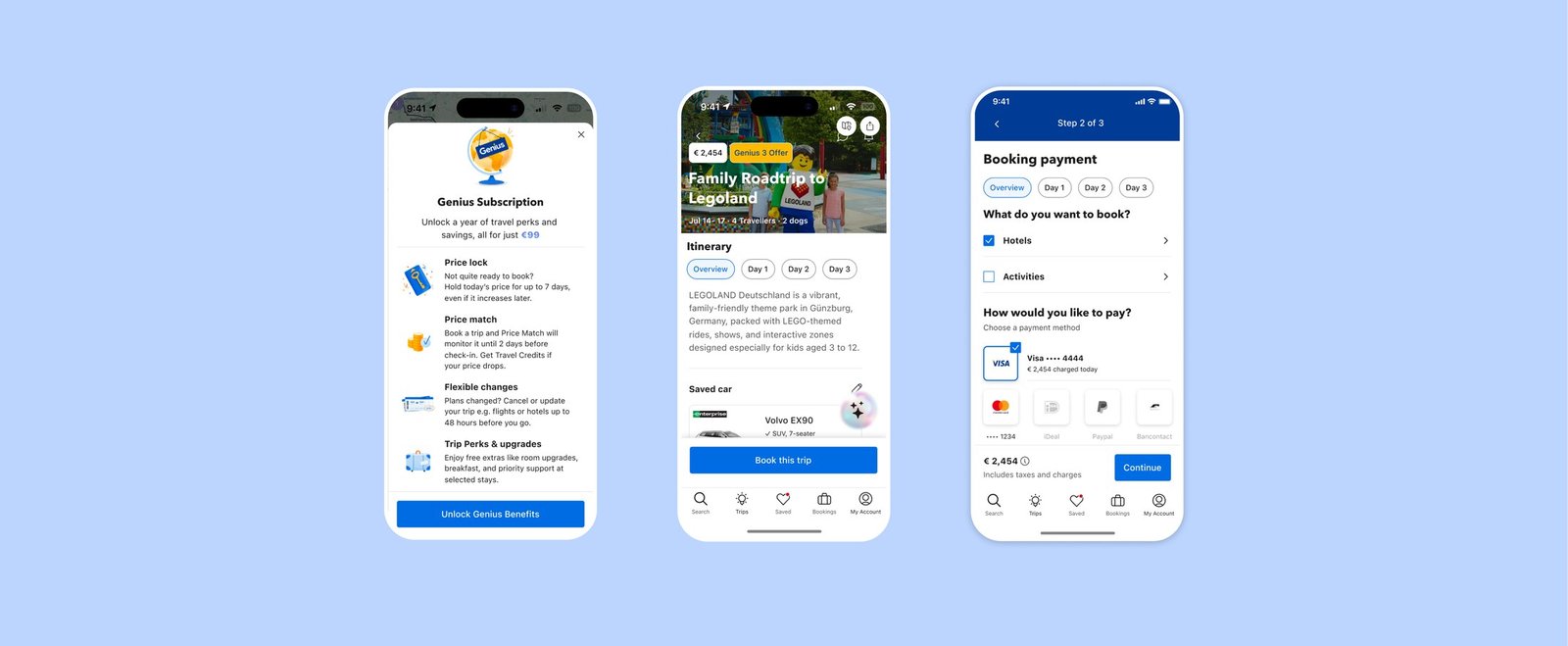 Genius subscription, connected itinerary with saved car, and unified checkout for hotels and activities