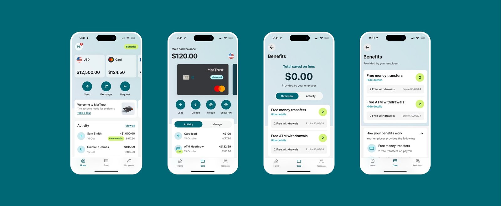 MarTrust wallet, Home, Card, and Benefits screens
