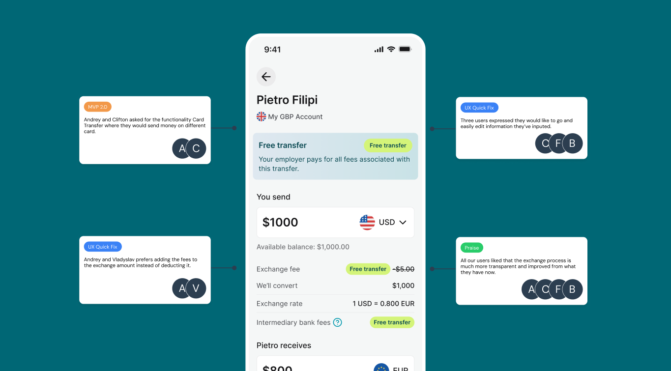 Transfer screen annotated with usability testing feedback
