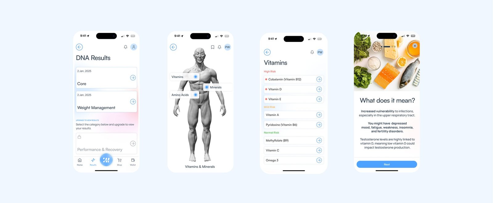 DNA results, interactive body navigation, risk-coded vitamins, and plain-language explanations