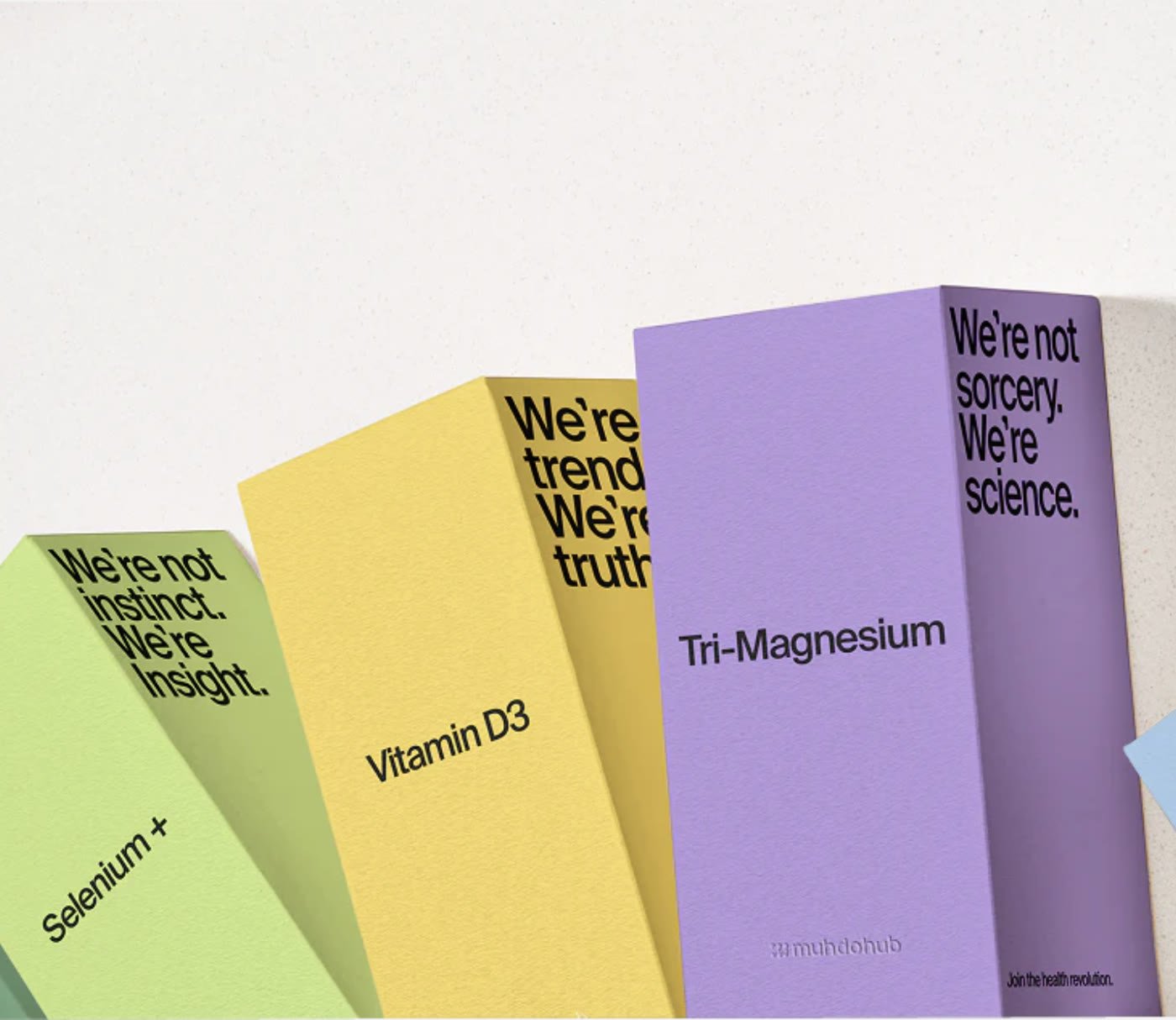Muhdo supplement packaging with bold typographic slogans
