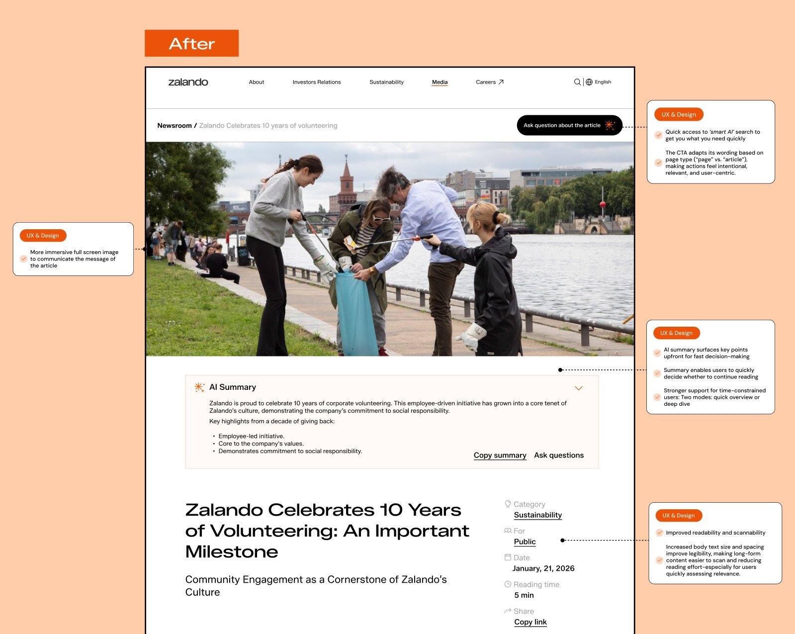 After: the reimagined page with immersive imagery and AI summary